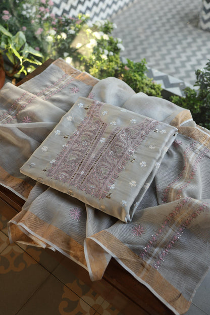 Grey Shade Zari Booti Fine Chikankari With Kamdani Work Unstitched Fabric