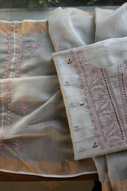 Grey Shade Zari Booti Fine Chikankari With Kamdani Work Unstitched Fabric