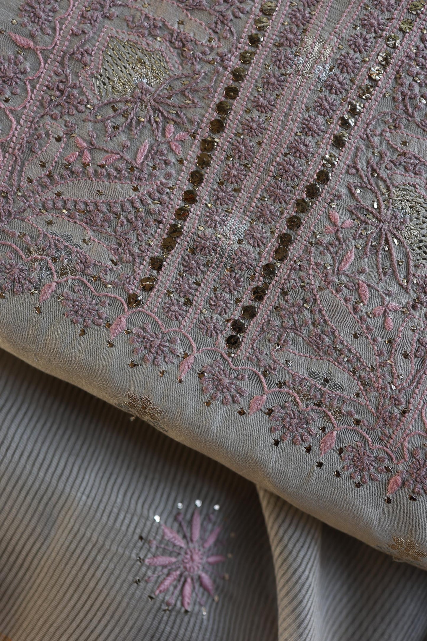 Grey Shade Zari Booti Fine Chikankari With Kamdani Work Unstitched Fabric