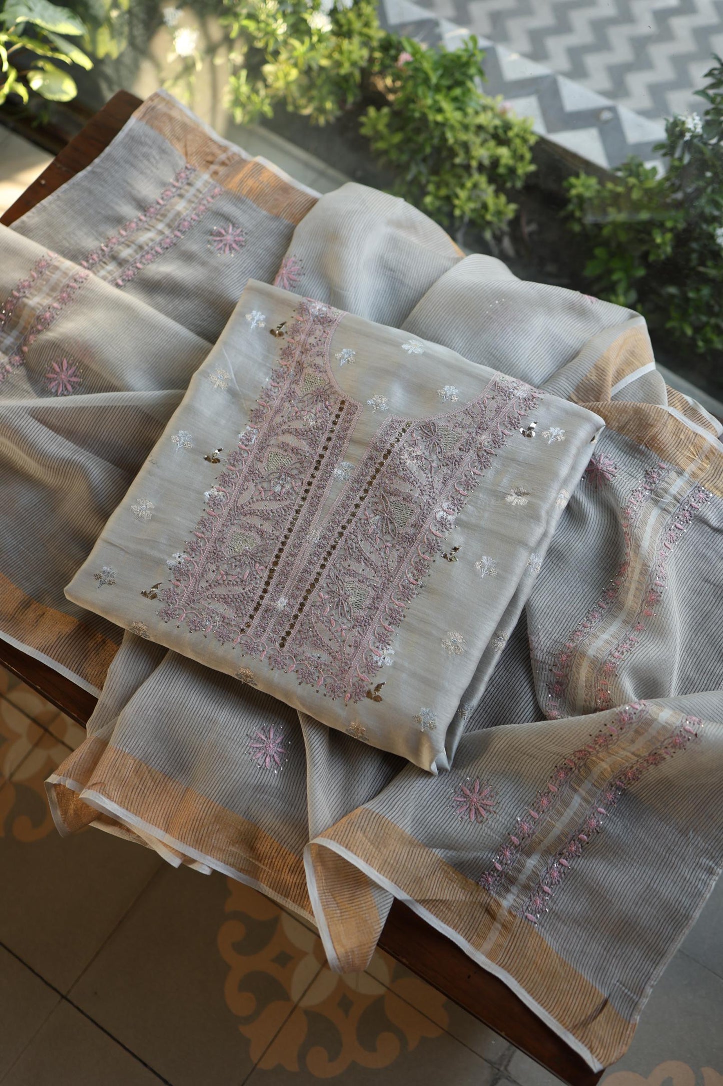 Grey Shade Zari Booti Fine Chikankari With Kamdani Work Unstitched Fabric