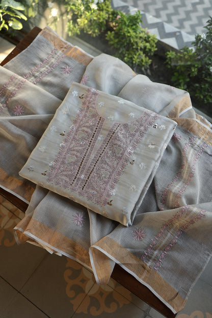 Grey Shade Zari Booti Fine Chikankari With Kamdani Work Unstitched Fabric