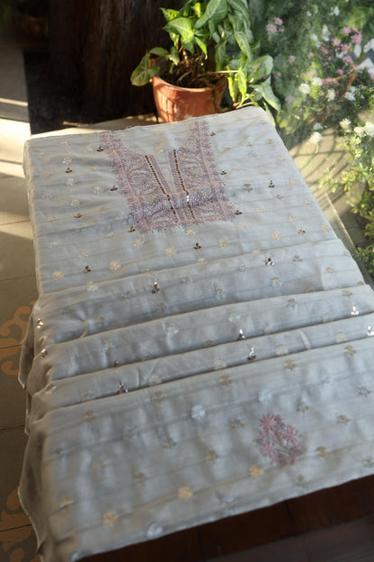 Grey Shade Zari Booti Fine Chikankari With Kamdani Work Unstitched Fabric