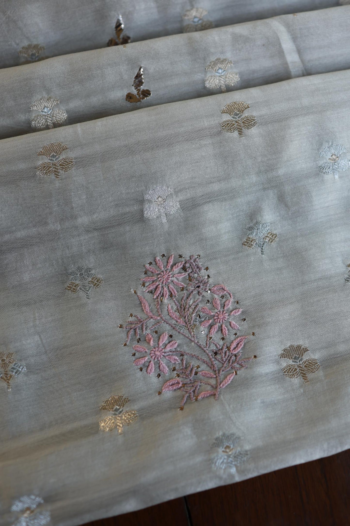 Grey Shade Zari Booti Fine Chikankari With Kamdani Work Unstitched Fabric