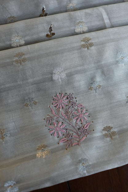 Grey Shade Zari Booti Fine Chikankari With Kamdani Work Unstitched Fabric