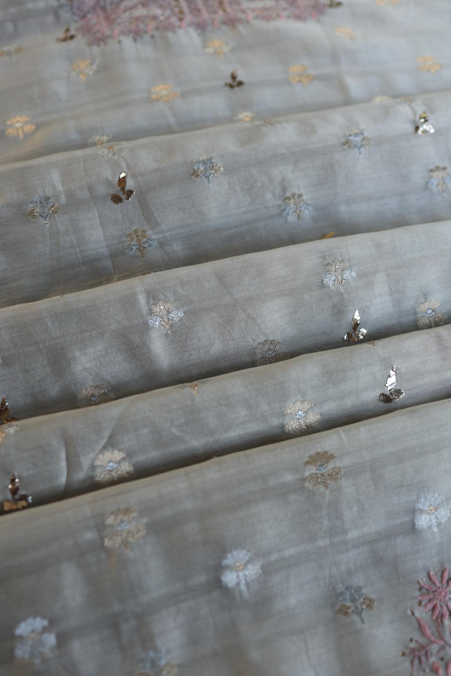 Grey Shade Zari Booti Fine Chikankari With Kamdani Work Unstitched Fabric
