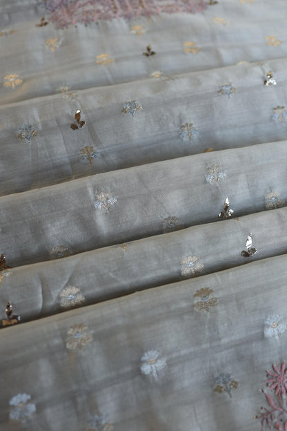 Grey Shade Zari Booti Fine Chikankari With Kamdani Work Unstitched Fabric