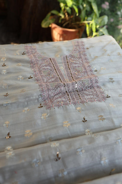 Grey Shade Zari Booti Fine Chikankari With Kamdani Work Unstitched Fabric