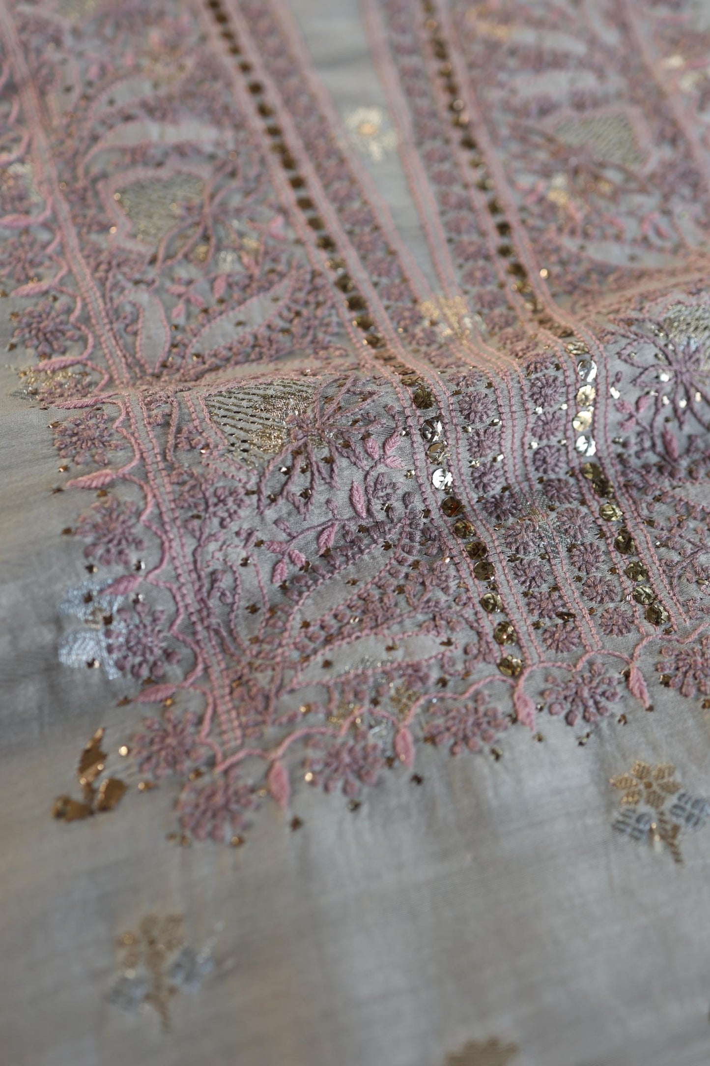 Grey Shade Zari Booti Fine Chikankari With Kamdani Work Unstitched Fabric