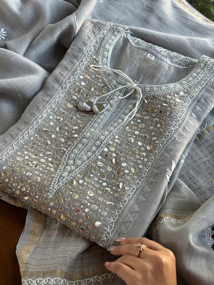 Grey Soft Mulmul Mirror Work X Chikankari Kurta Set