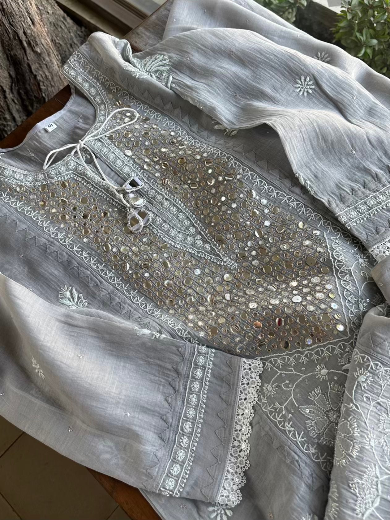 Grey Soft Mulmul Mirror Work X Chikankari Kurta Set