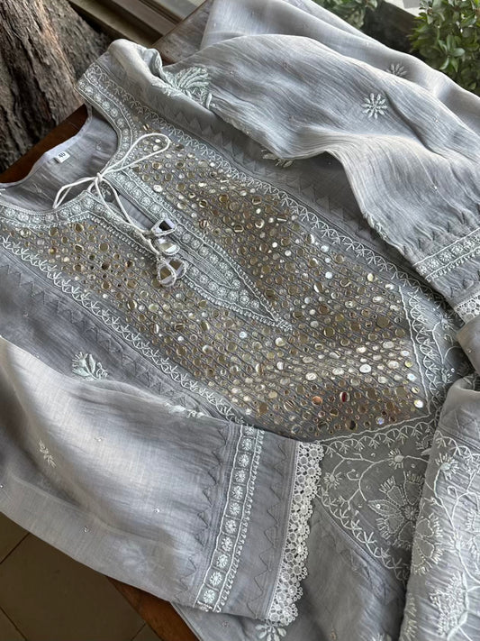 Grey Soft Mulmul Mirror Work X Chikankari Kurta Set