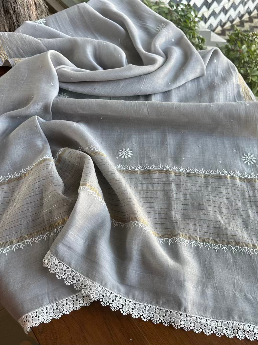 Grey Soft Mulmul Mirror Work X Chikankari Kurta Set