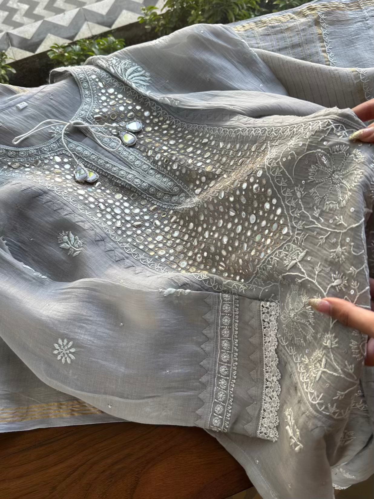 Grey Soft Mulmul Mirror Work X Chikankari Kurta Set