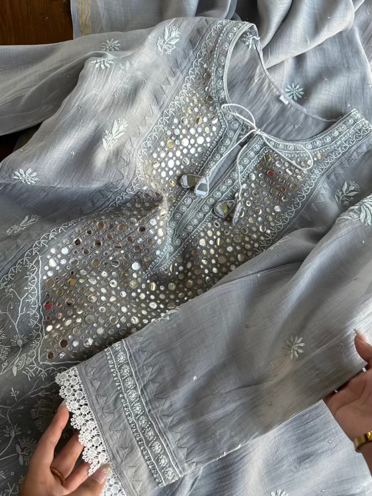 Grey Soft Mulmul Mirror Work X Chikankari Kurta Set