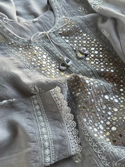 Grey Soft Mulmul Mirror Work X Chikankari Kurta Set