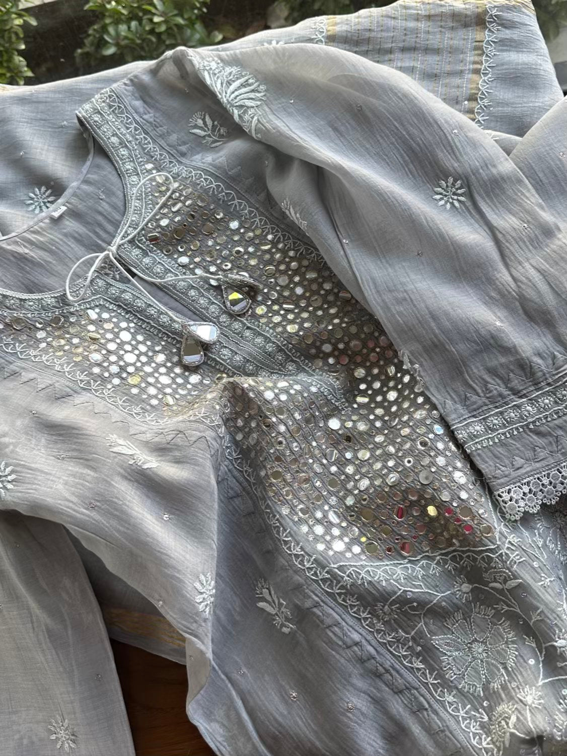 Grey Soft Mulmul Mirror Work X Chikankari Kurta Set