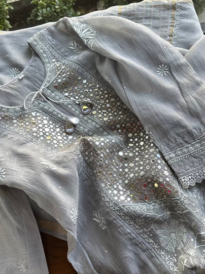 Grey Soft Mulmul Mirror Work X Chikankari Kurta Set