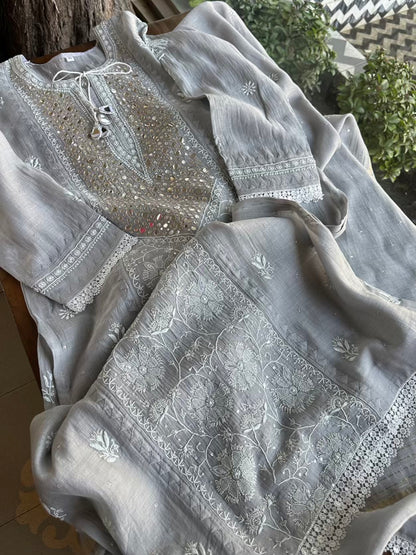 Grey Soft Mulmul Mirror Work X Chikankari Kurta Set