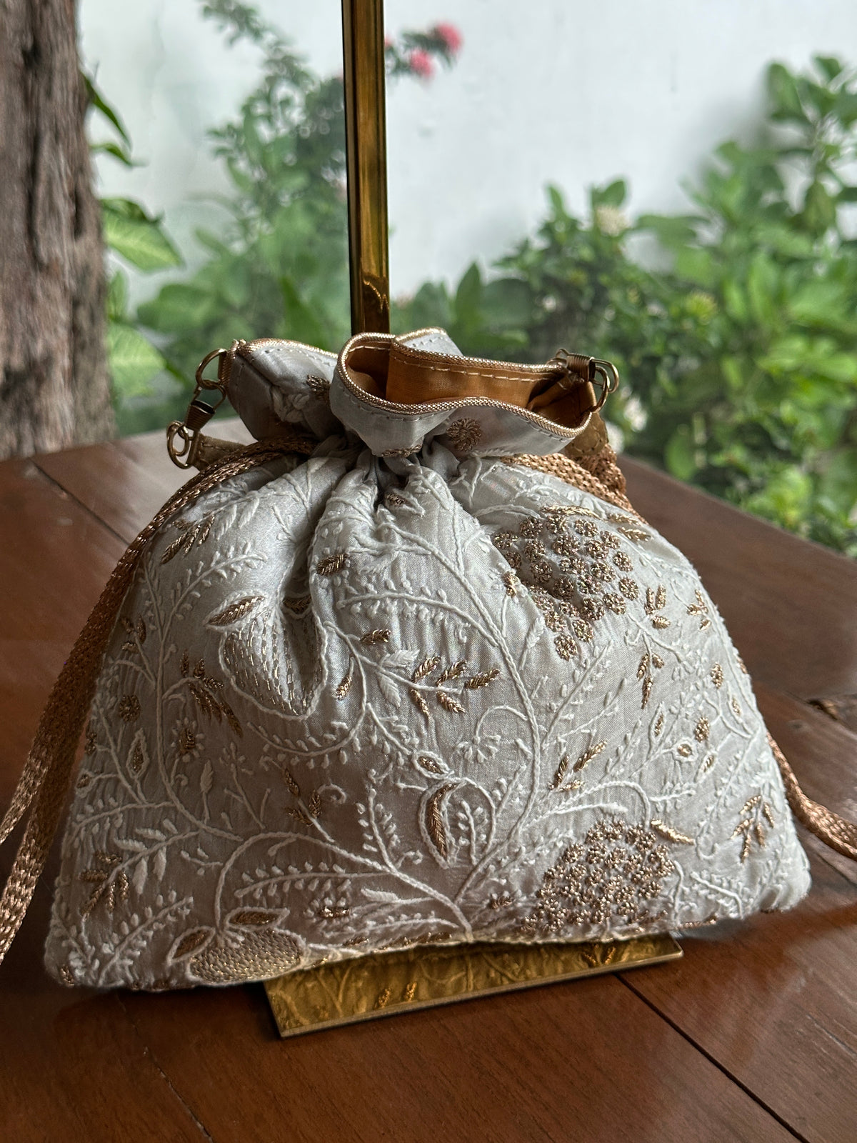 Grey Tussar Silk Chikankari Ari & Kasab Work Potli Bag