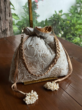 Grey Tussar Silk Chikankari Ari & Kasab Work Potli Bag