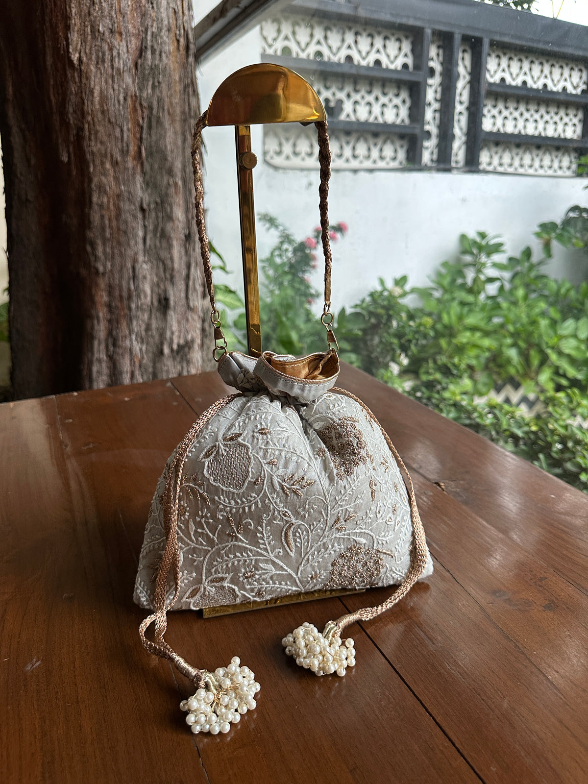 Grey Tussar Silk Chikankari Ari & Kasab Work Potli Bag