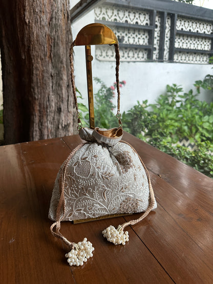 Grey Tussar Silk Chikankari Ari & Kasab Work Potli Bag
