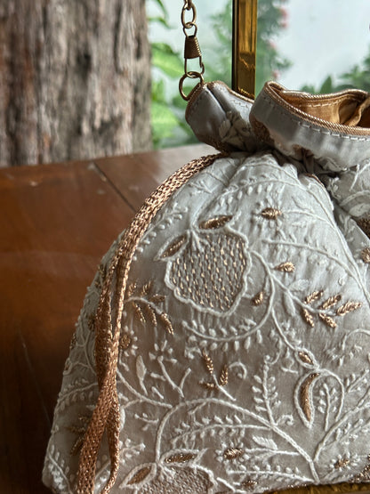 Grey Tussar Silk Chikankari Ari & Kasab Work Potli Bag