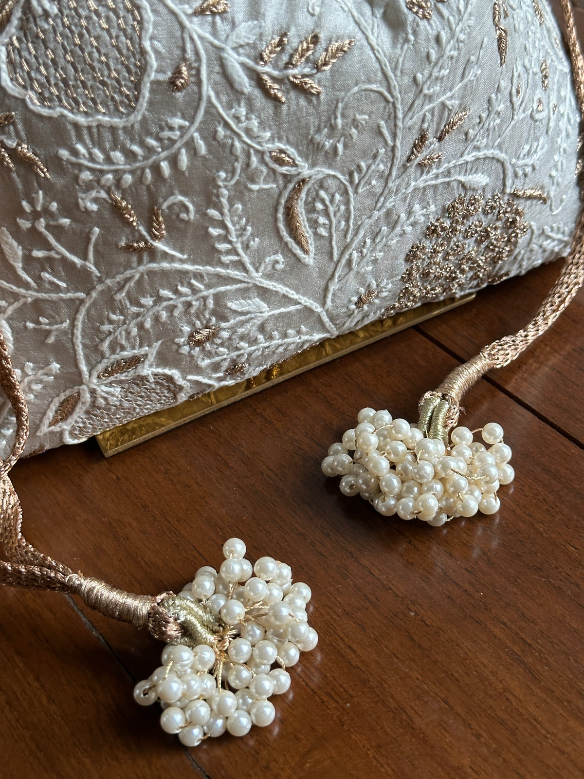Grey Tussar Silk Chikankari Ari & Kasab Work Potli Bag