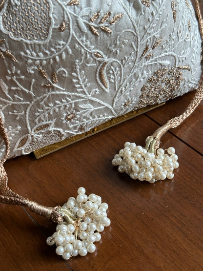 Grey Tussar Silk Chikankari Ari & Kasab Work Potli Bag