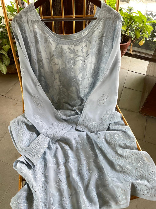 Grey Viscose Georgette Chikankari Ready to Wear Kurta