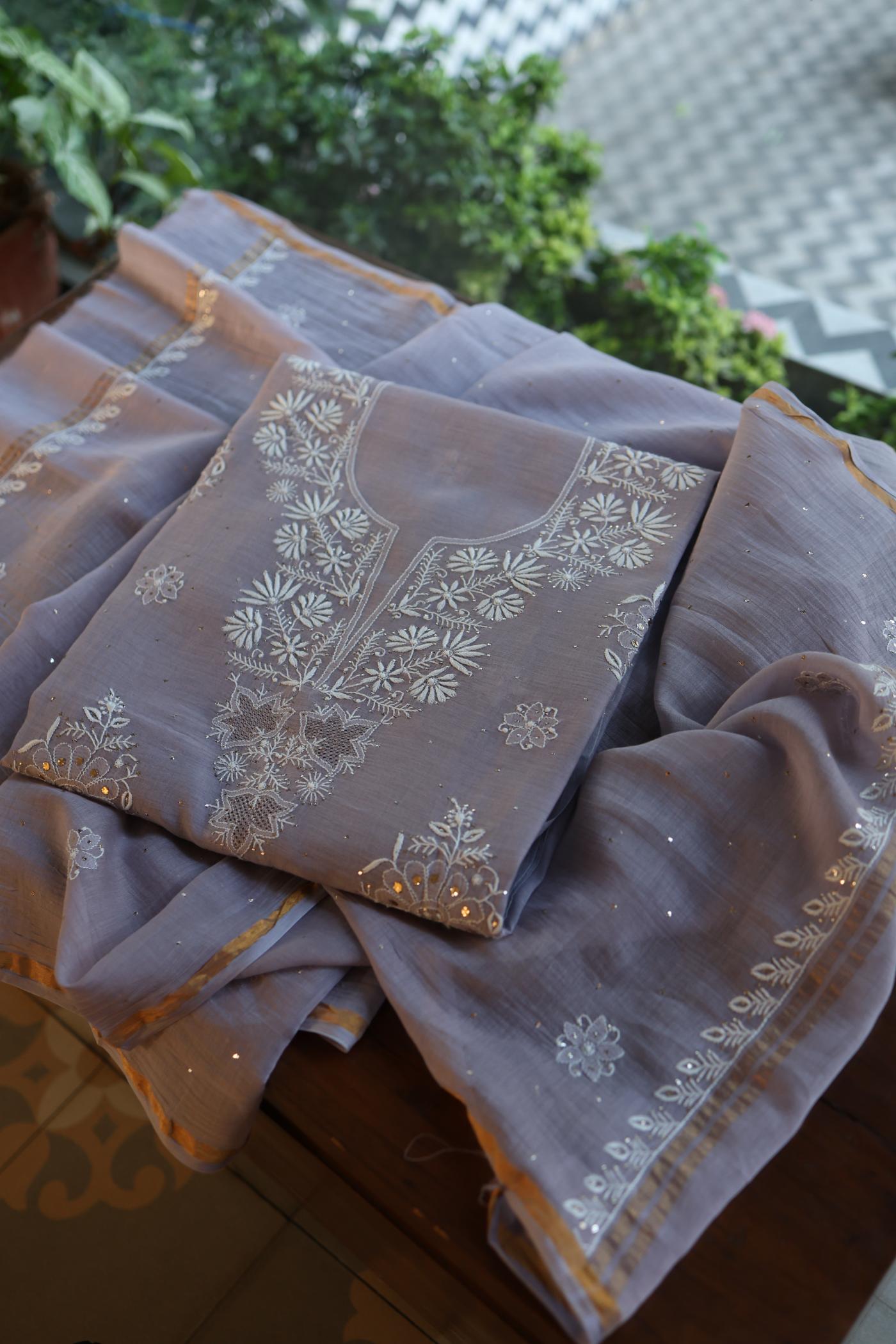 Grey Zari Booti Fine Chikankari With Kamdani Work Unstitched Fabric