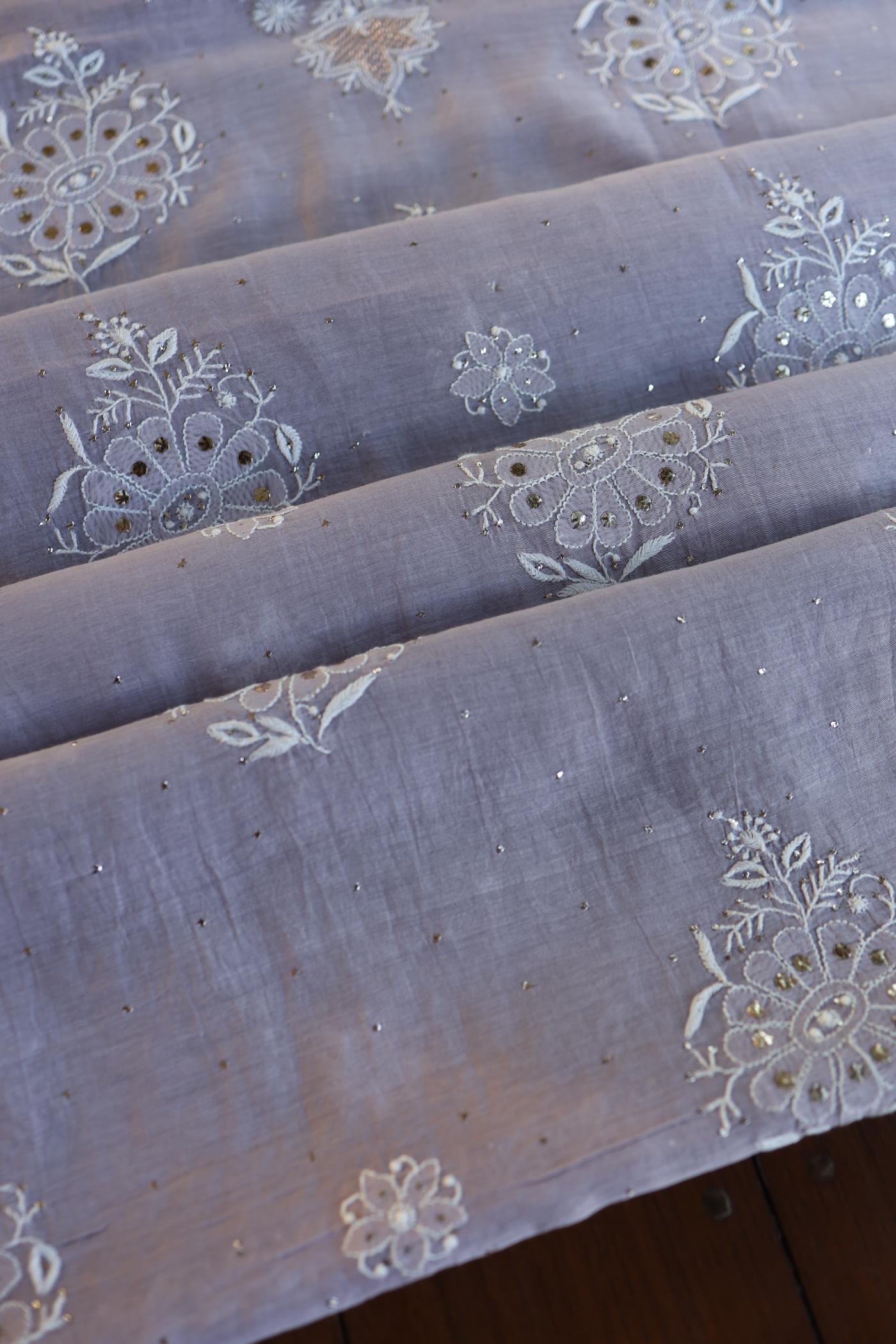 Grey Zari Booti Fine Chikankari With Kamdani Work Unstitched Fabric