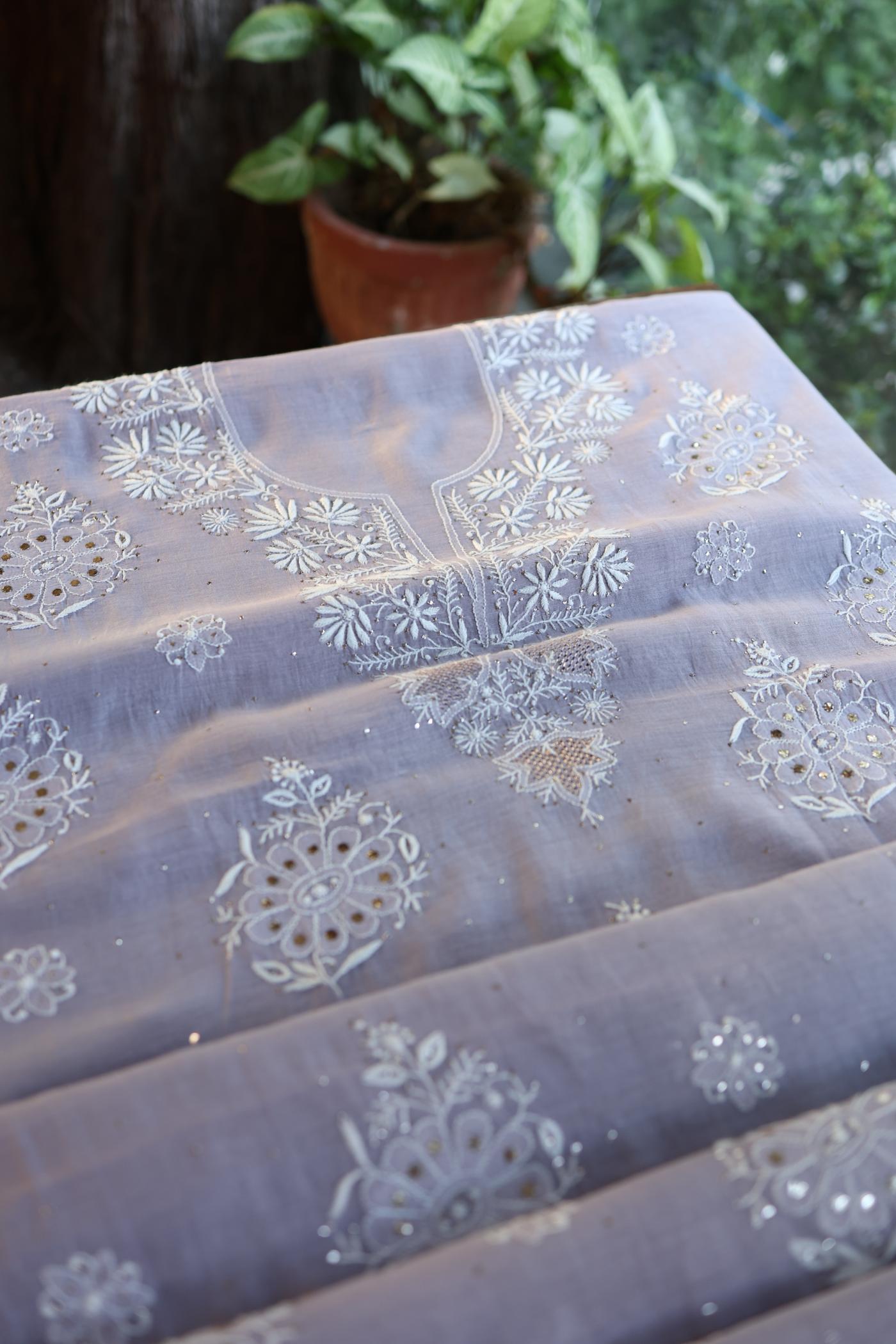 Grey Zari Booti Fine Chikankari With Kamdani Work Unstitched Fabric