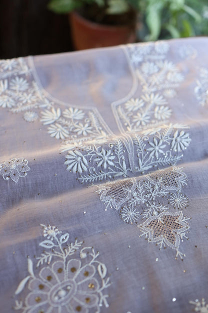 Grey Zari Booti Fine Chikankari With Kamdani Work Unstitched Fabric