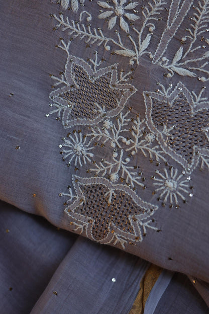 Grey Zari Booti Fine Chikankari With Kamdani Work Unstitched Fabric