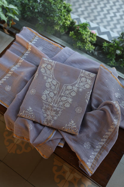 Grey Zari Booti Fine Chikankari With Kamdani Work Unstitched Fabric