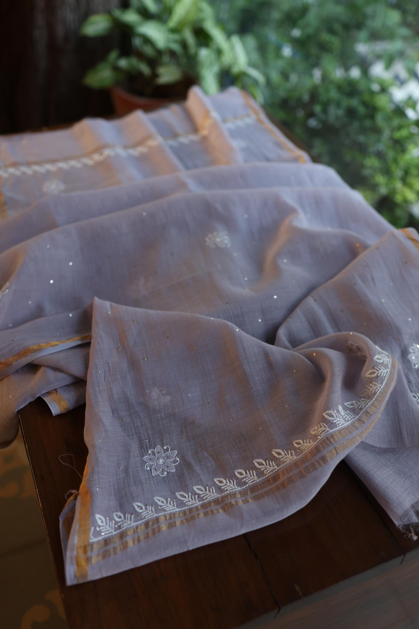 Grey Zari Booti Fine Chikankari With Kamdani Work Unstitched Fabric