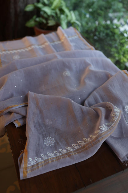 Grey Zari Booti Fine Chikankari With Kamdani Work Unstitched Fabric