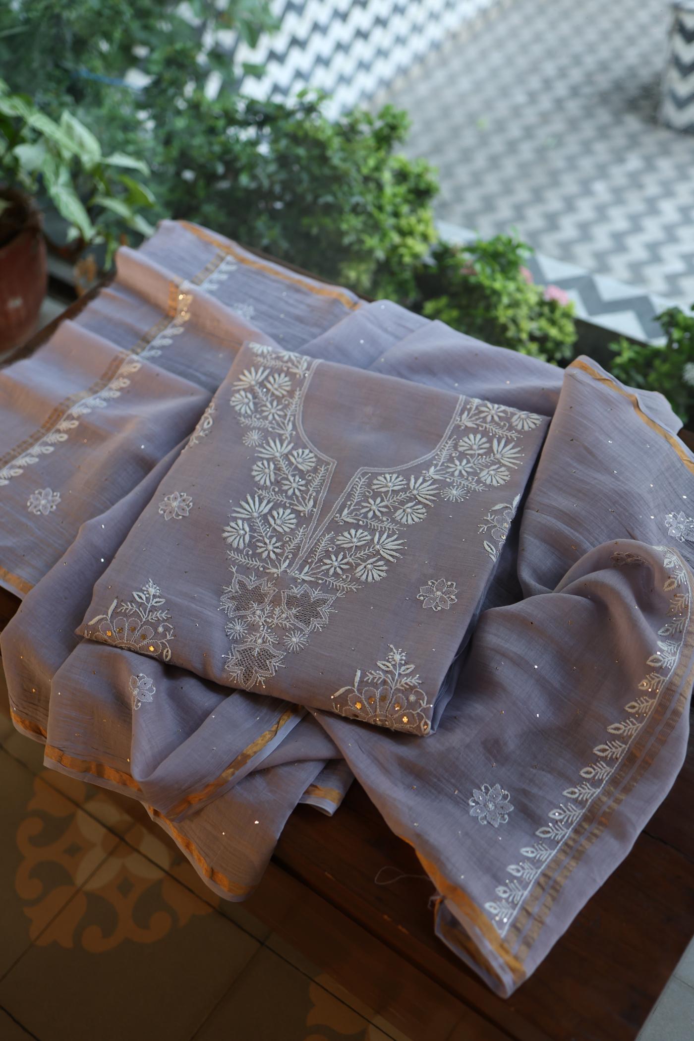 Grey Zari Booti Fine Chikankari With Kamdani Work Unstitched Fabric