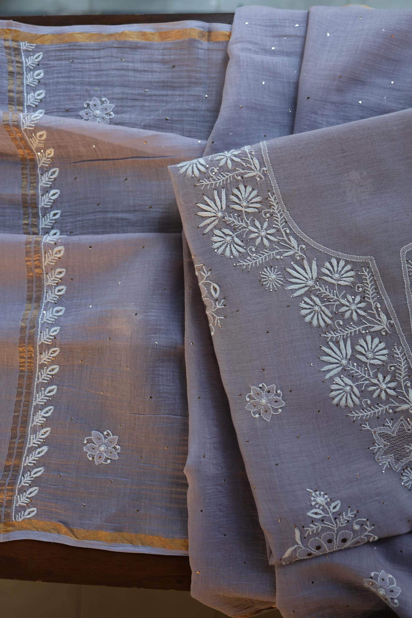 Grey Zari Booti Fine Chikankari With Kamdani Work Unstitched Fabric