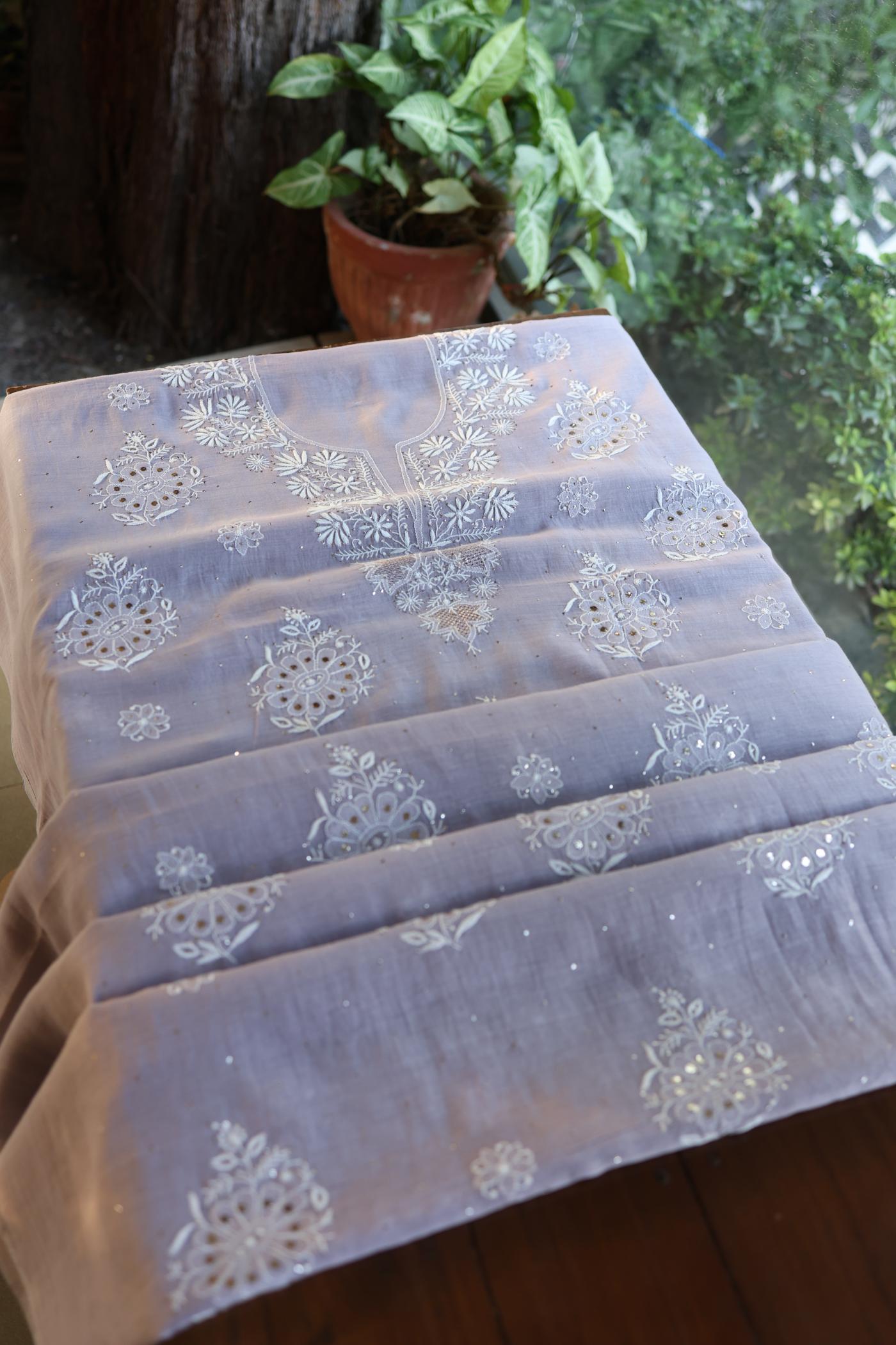 Grey Zari Booti Fine Chikankari With Kamdani Work Unstitched Fabric