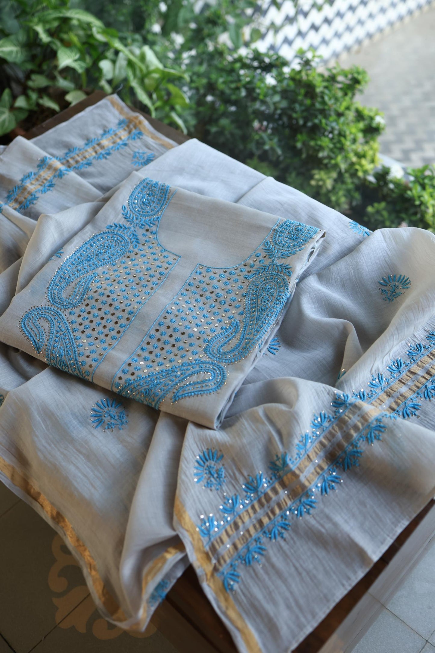 Grey & Blue Mal Cotton Chikankari Unstitched Kurta Dupatta Fabrics With Kamdani