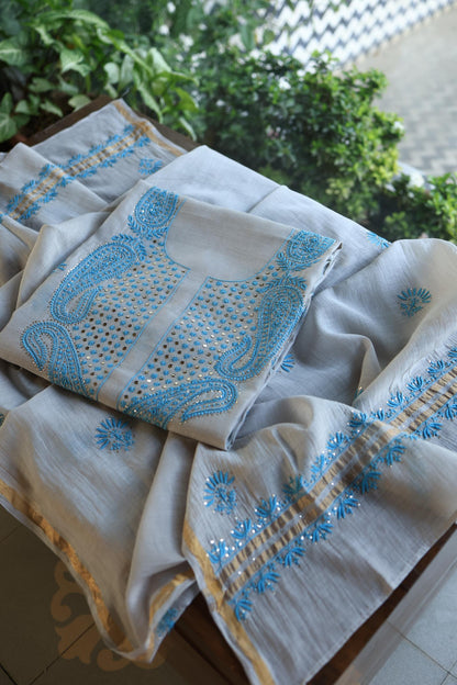 Grey & Blue Mal Cotton Chikankari Unstitched Kurta Dupatta Fabrics With Kamdani