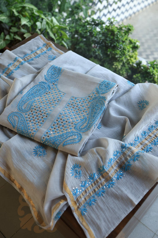 Grey & Blue Mal Cotton Chikankari Unstitched Kurta Dupatta Fabrics With Kamdani