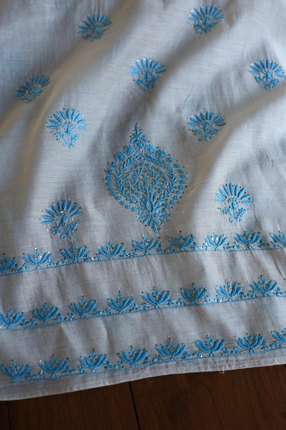 Grey & Blue Mal Cotton Chikankari Unstitched Kurta Dupatta Fabrics With Kamdani