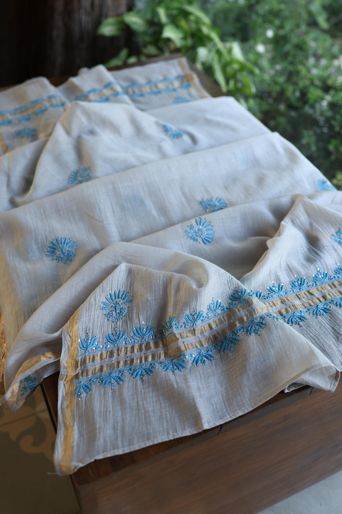 Grey & Blue Mal Cotton Chikankari Unstitched Kurta Dupatta Fabrics With Kamdani