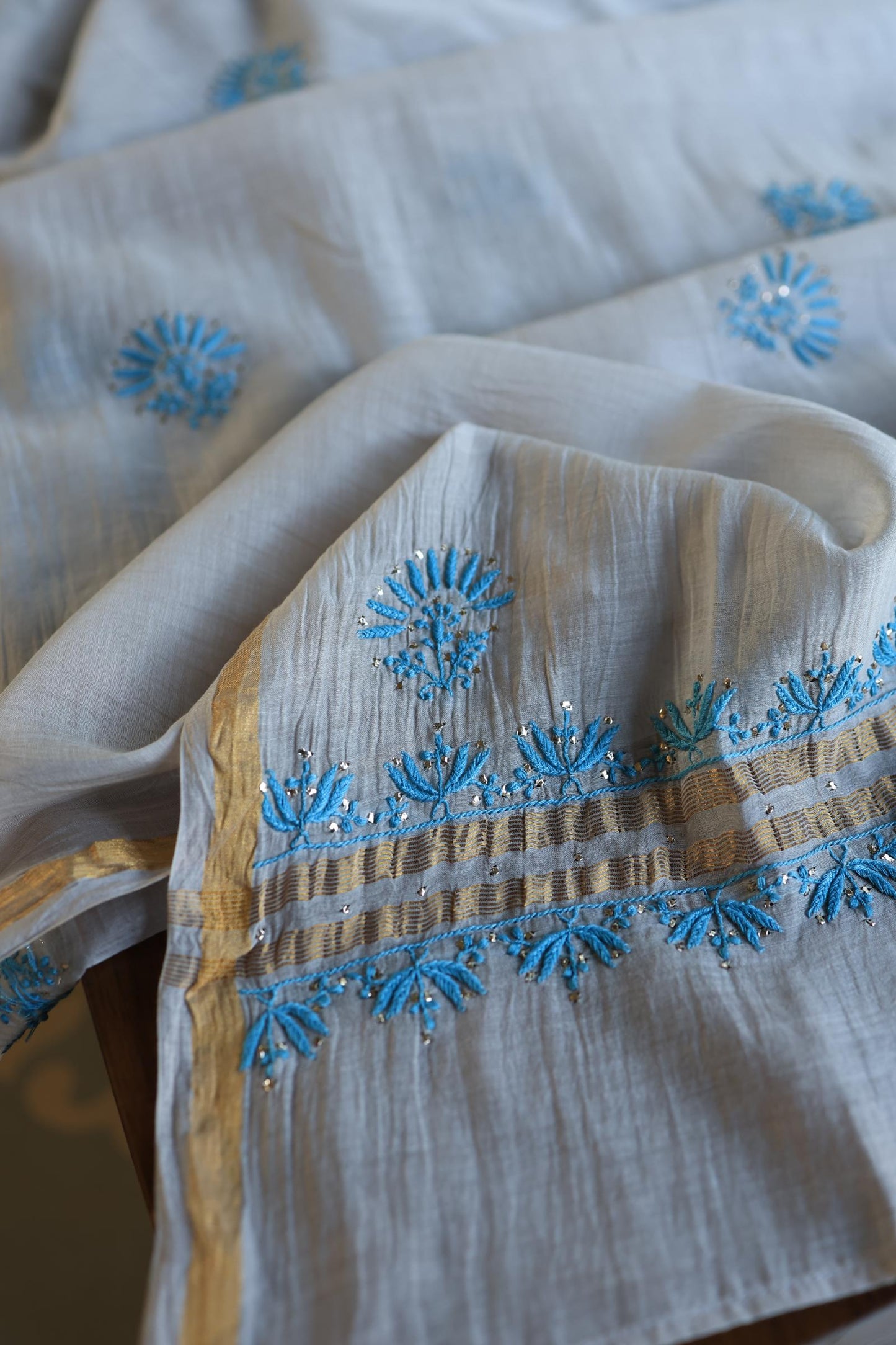 Grey & Blue Mal Cotton Chikankari Unstitched Kurta Dupatta Fabrics With Kamdani