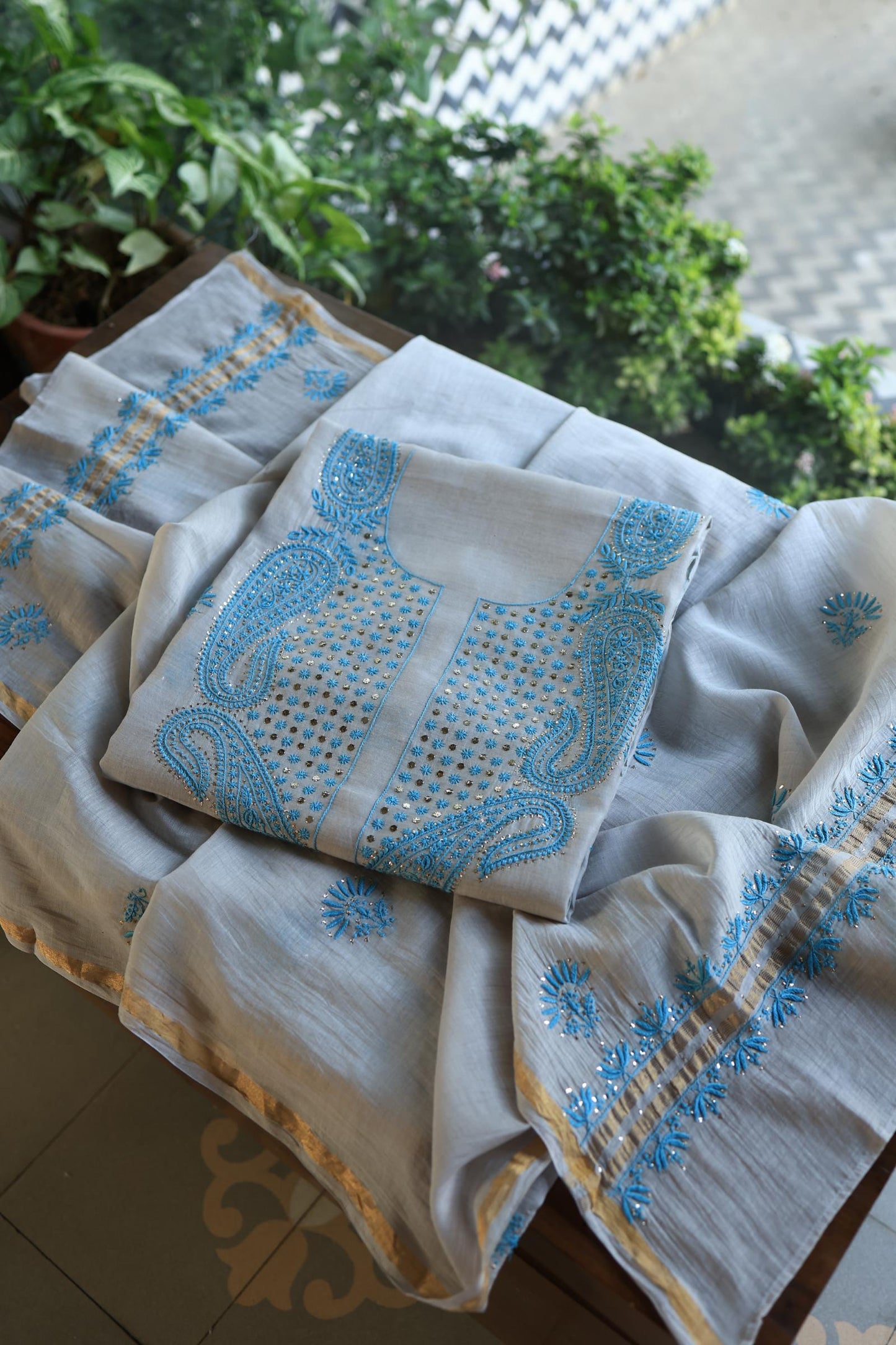 Grey & Blue Mal Cotton Chikankari Unstitched Kurta Dupatta Fabrics With Kamdani