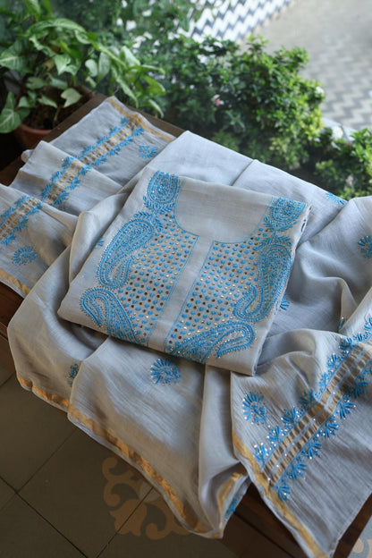 Grey & Blue Mal Cotton Chikankari Unstitched Kurta Dupatta Fabrics With Kamdani
