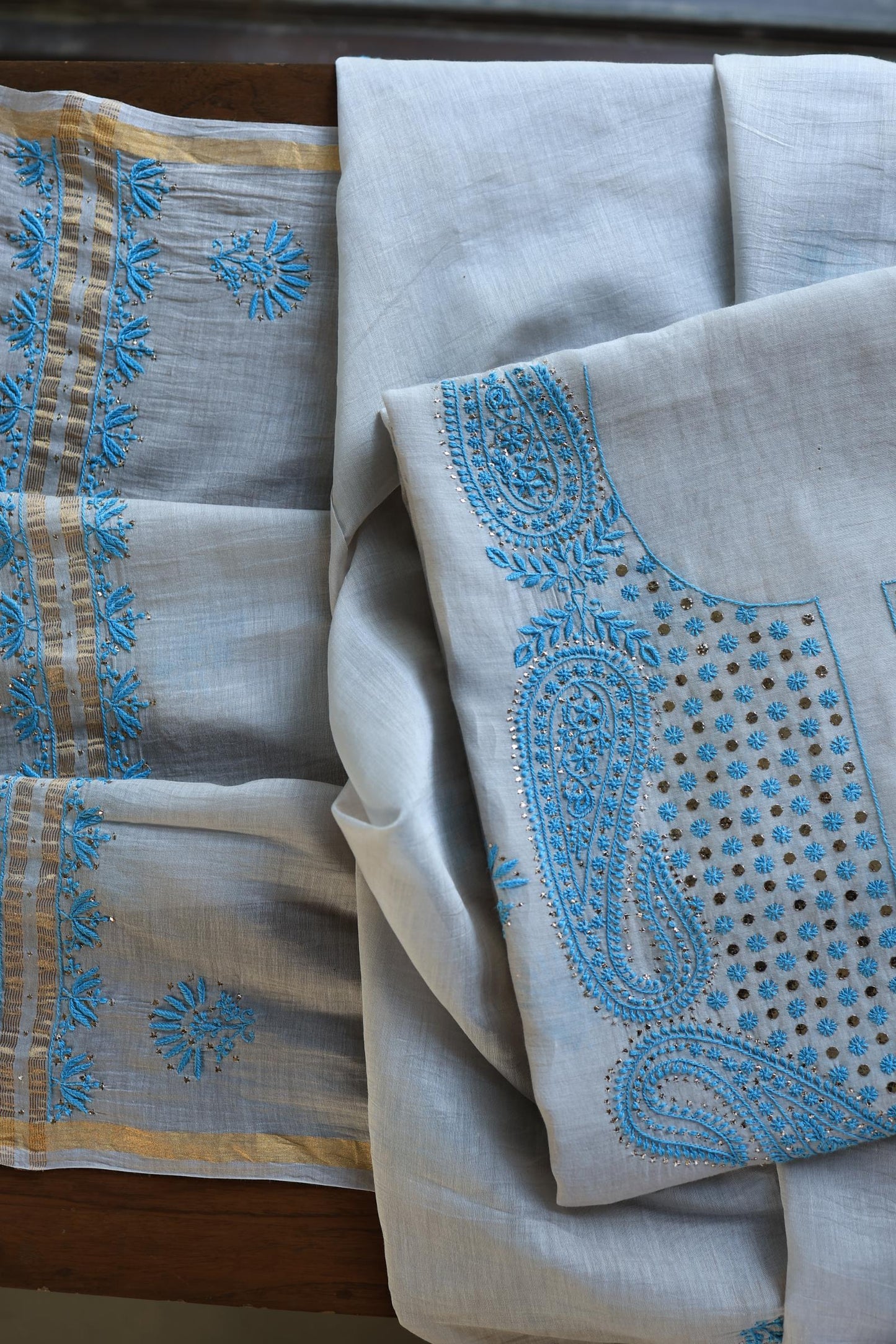 Grey & Blue Mal Cotton Chikankari Unstitched Kurta Dupatta Fabrics With Kamdani